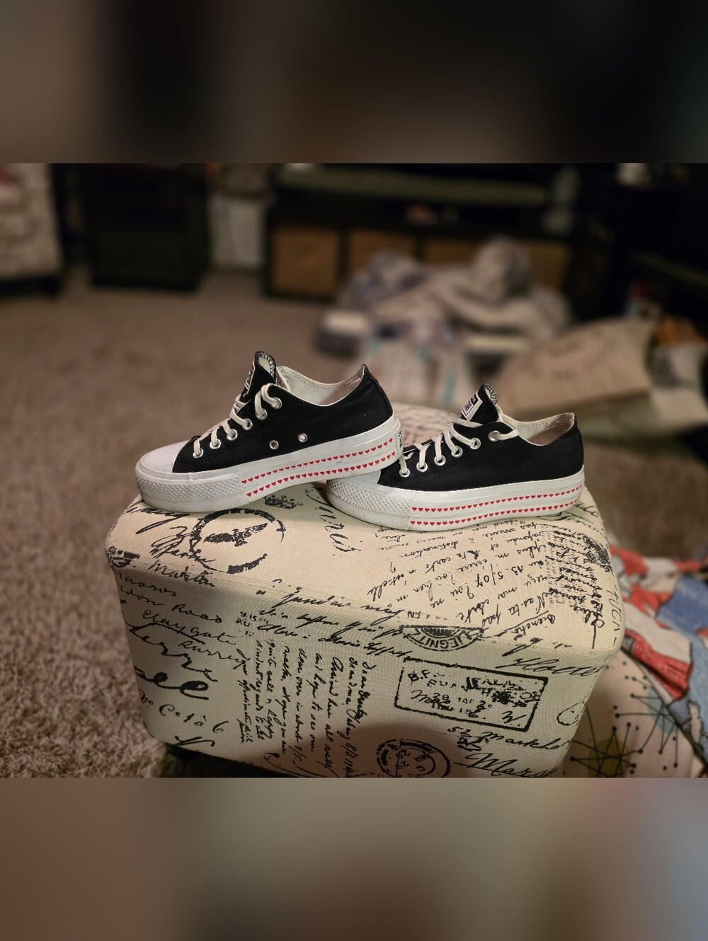 Women's Black Low-Top Platform Sneakers with Heart Stripe